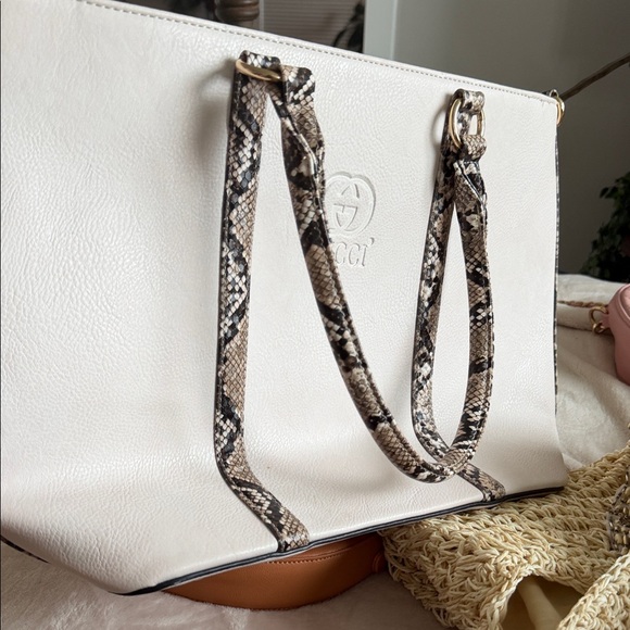 Gucci Handbags - Gucci Cream Tote with Snake Print Straps